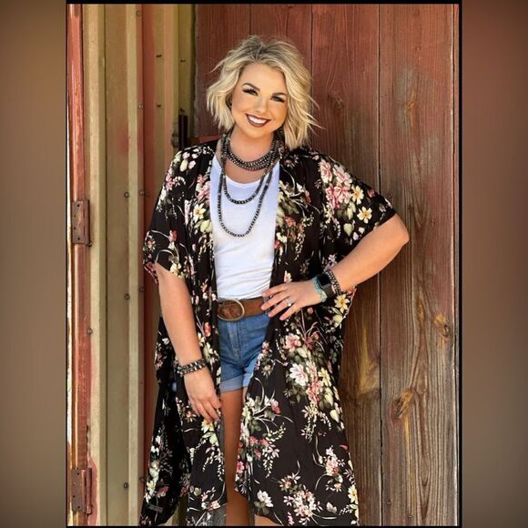 Everly Jackets & Blazers - Everly- Chiffon Kimono Black Floral Print, Short Sleeve, High/ Low Shaw Collar,